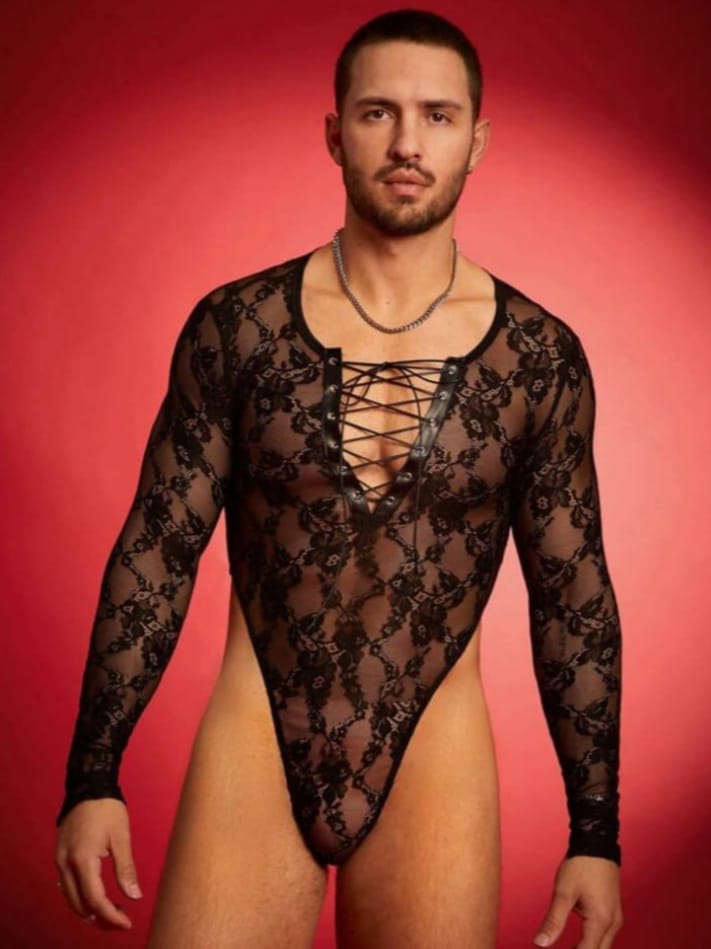 men's lace crossed strap see-though long sleeve bodysuit
